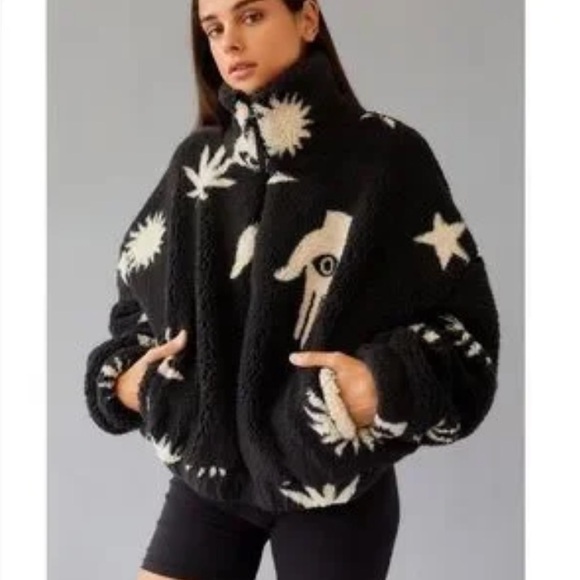 UO Evil Eye Hand Star Leaf Black and Cream Sherpa Jacket - Picture 1 of 4